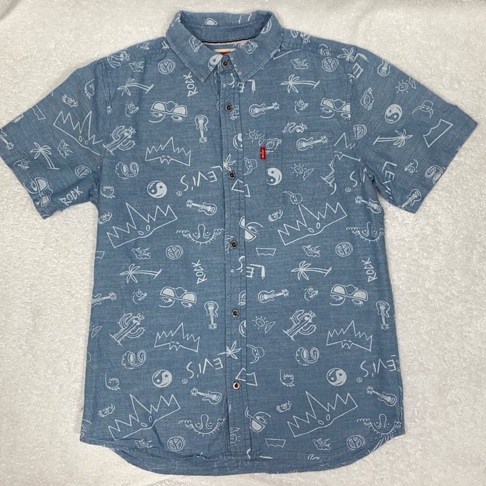 Levi’s short sleeve button down cactus rock guitar print boys large 12/13